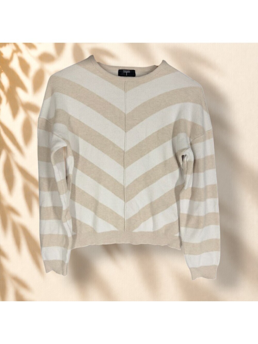 Tahari Sweater Pullover Women M Medium Beige Striped Long Sleeve Knit Soft Cozy